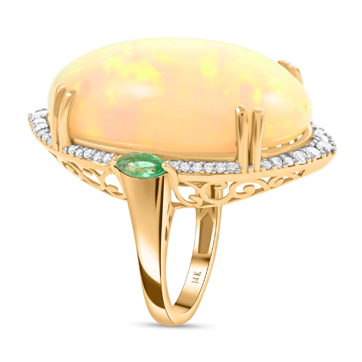Luxoro 14K Yellow Gold Ethiopian Welo Opal and Kagem Zambian Emerald and G-H I2 Diamond Mounting Ring (Size 7.0) 8 Grams 27.30 ctw image number 3