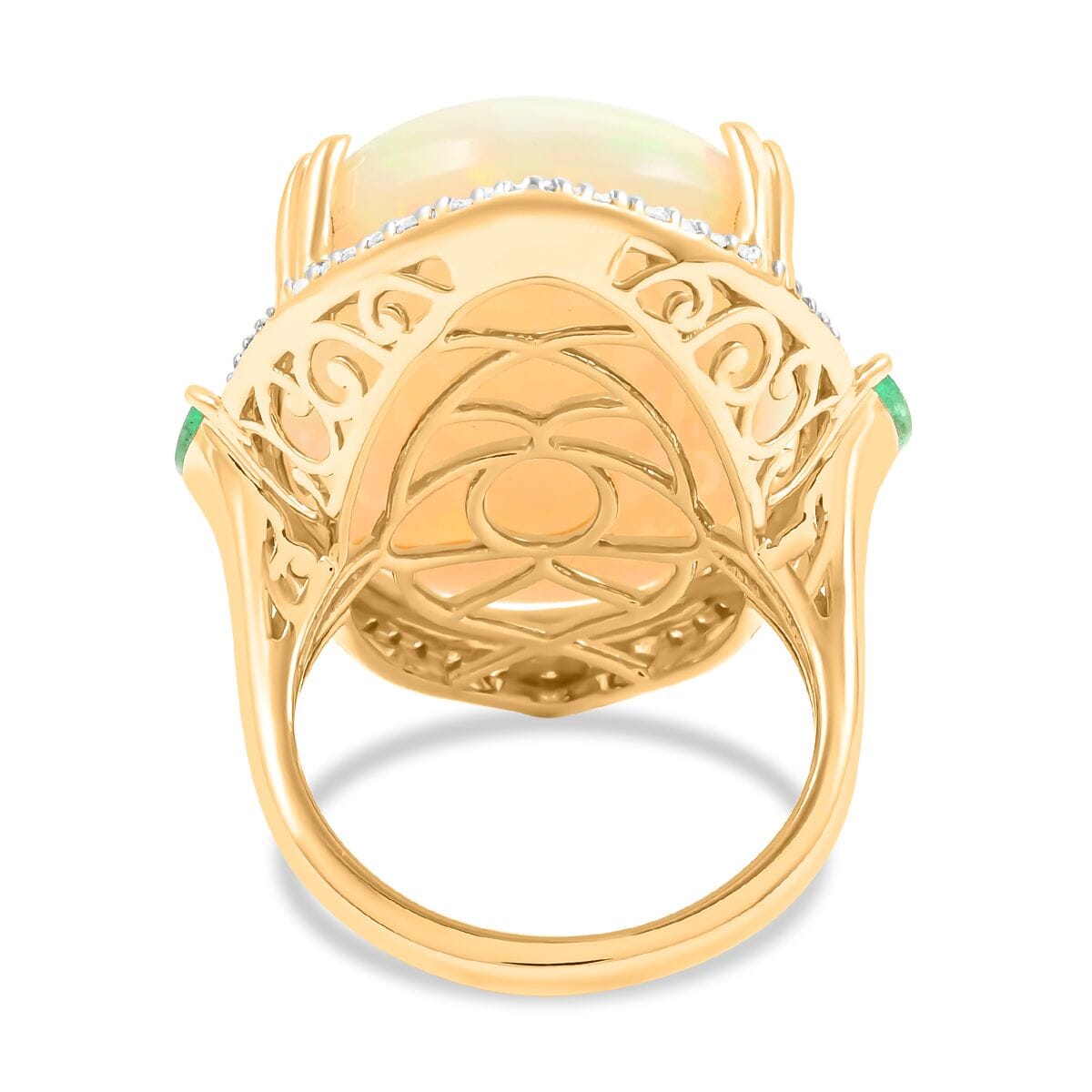 Luxoro 14K Yellow Gold Ethiopian Welo Opal and Kagem Zambian Emerald and G-H I2 Diamond Mounting Ring (Size 7.0) 8 Grams 27.30 ctw image number 4