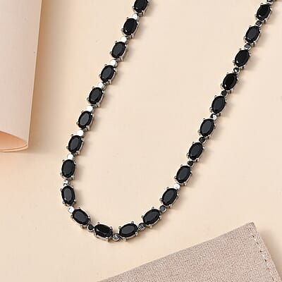 Thai Black Spinel Tennis Necklace 18 Inches in Stainless Steel 15.10 ctw