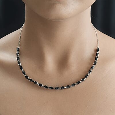 Thai Black Spinel Tennis Necklace 18 Inches in Stainless Steel 15.10 ctw