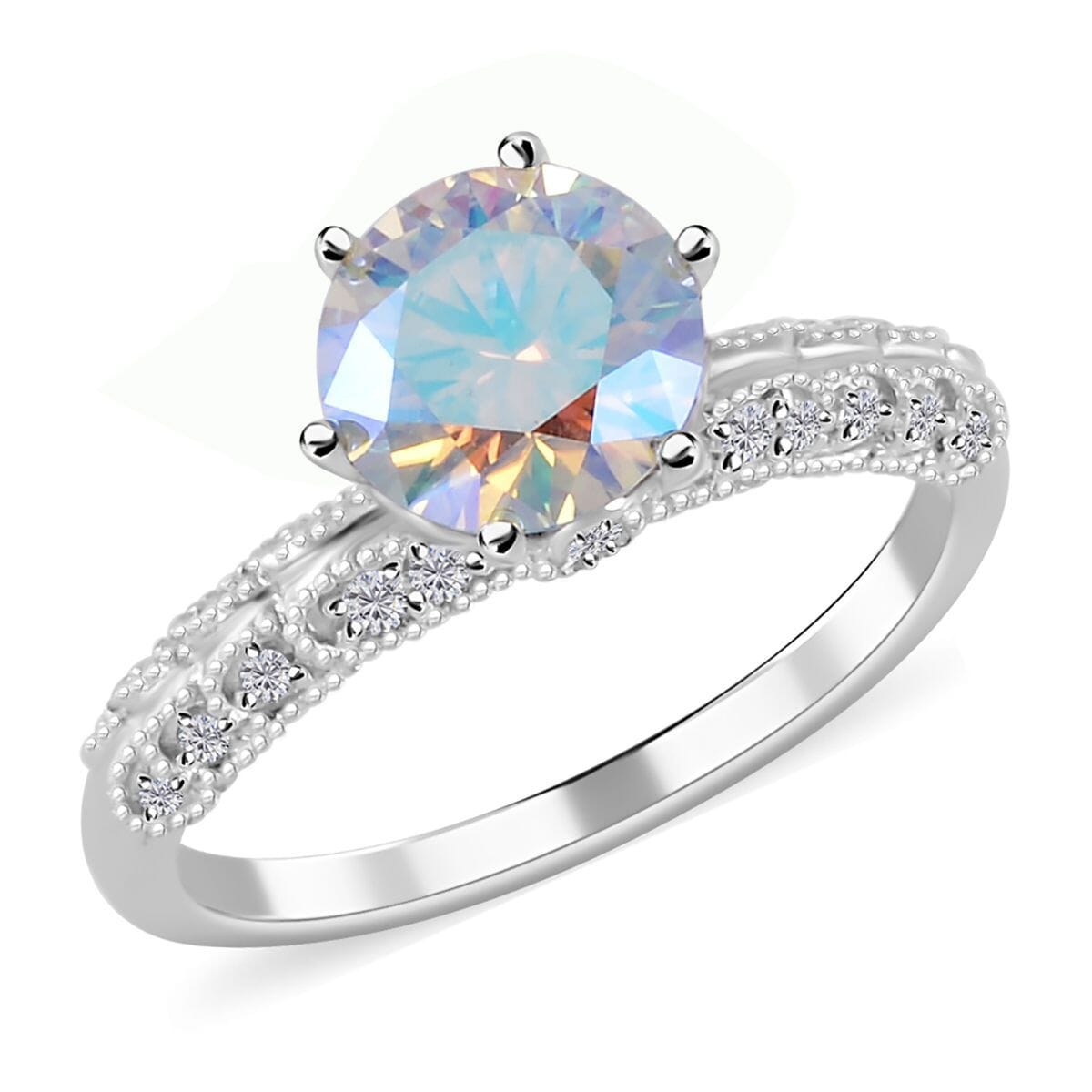 Dichroic Luminous Moissanite and Moissanite Ring in Rhodium Over Sterling Silver 2.10 ctw image number 0