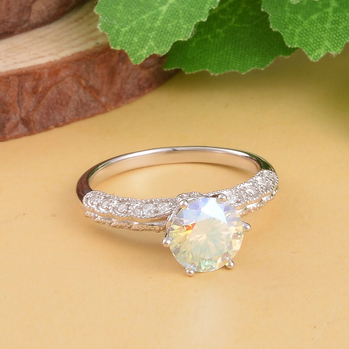 Dichroic Luminous Moissanite and Moissanite Ring in Rhodium Over Sterling Silver (Size 6.0) 2.10 ctw image number 1