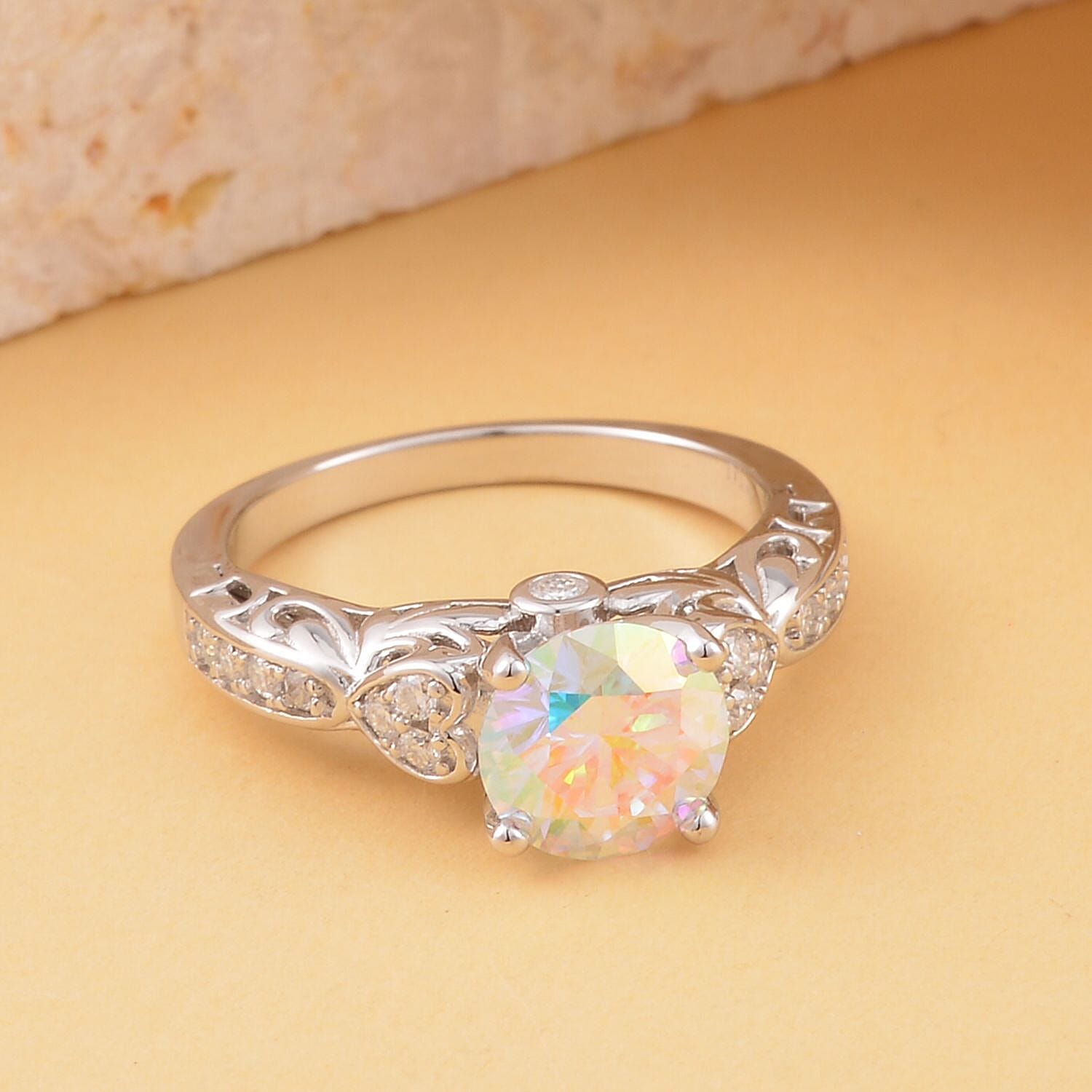 Dichroic Mist Moissanite and Moissanite Ring in Rhodium Over Sterling Silver (Size 10.0) 2.00 ctw
