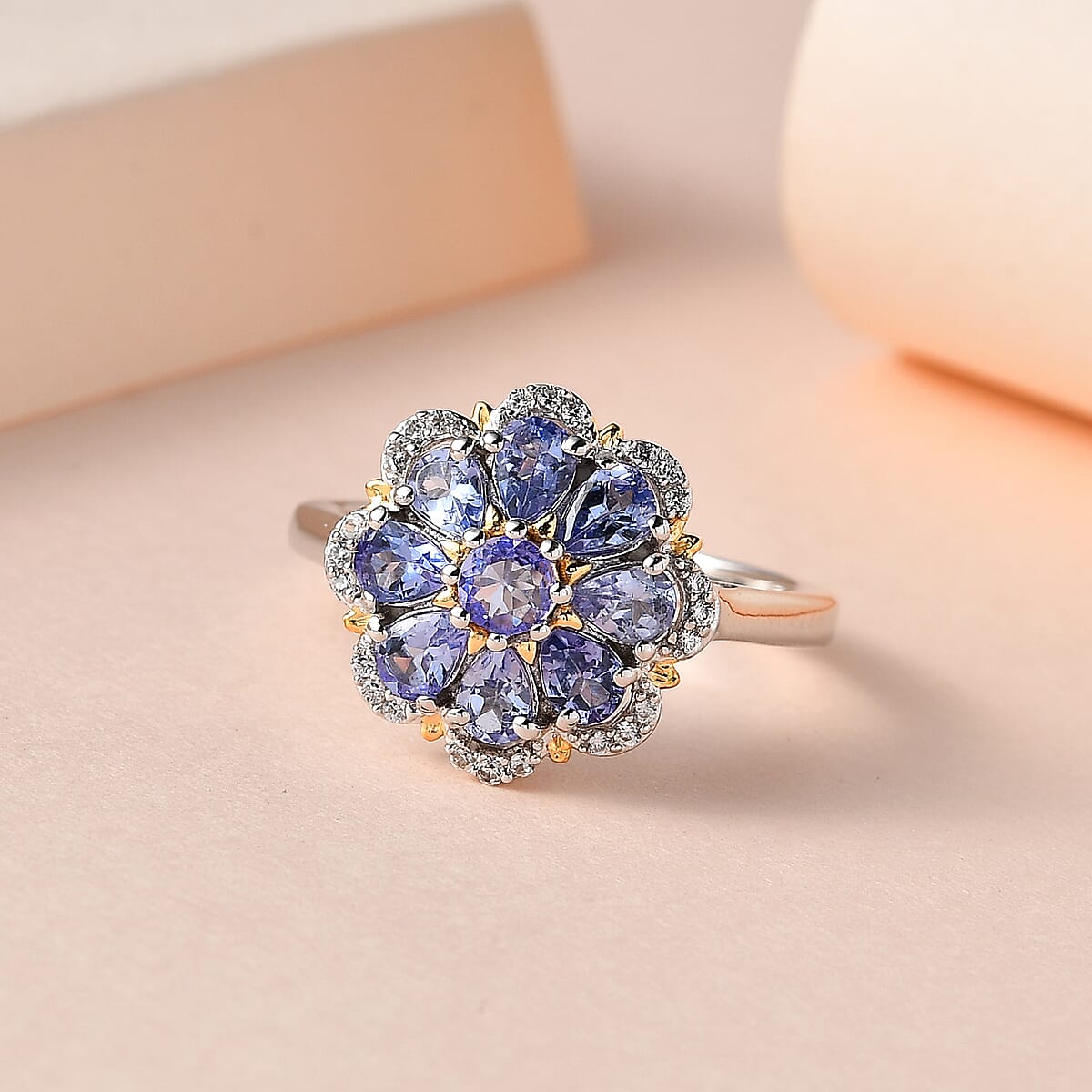 Tanzanite and White Zircon Floral Ring in Vermeil YG and Platinum Over Sterling Silver 1.35 ctw image number 1