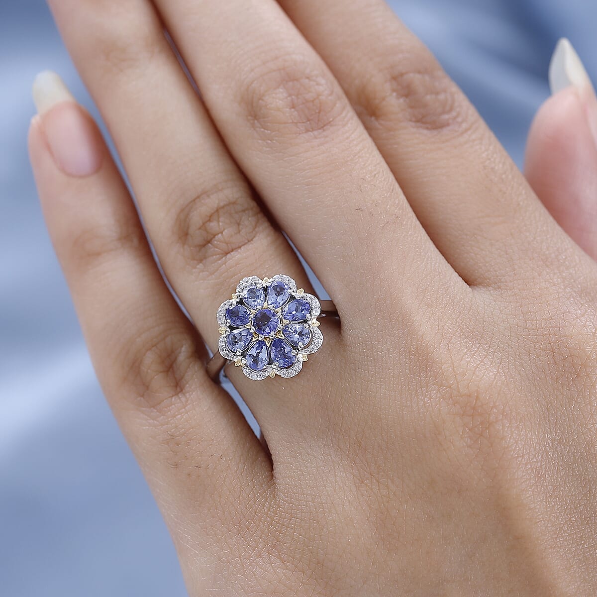 Tanzanite and White Zircon Floral Ring in Vermeil YG and Platinum Over Sterling Silver 1.35 ctw image number 2