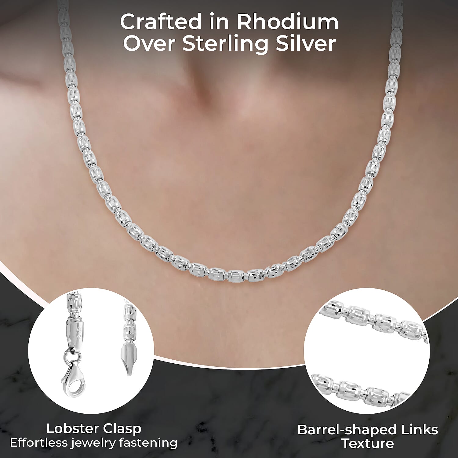 Italian Rhodium Over Sterling Silver Barrel Galaxy Necklace, Sterling Silver Necklace, 20 Inch Necklace 18.60 Grams