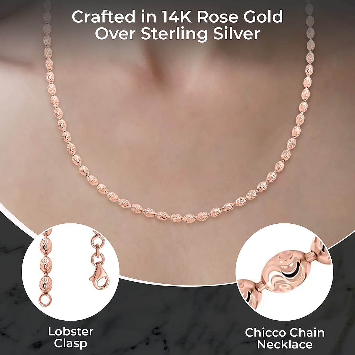 Italian 14K Rose Gold Over Sterling Silver Chicco Chain Necklace, 20 Inch Chain Necklace, Silver Jewelry 11 Grams image number 2