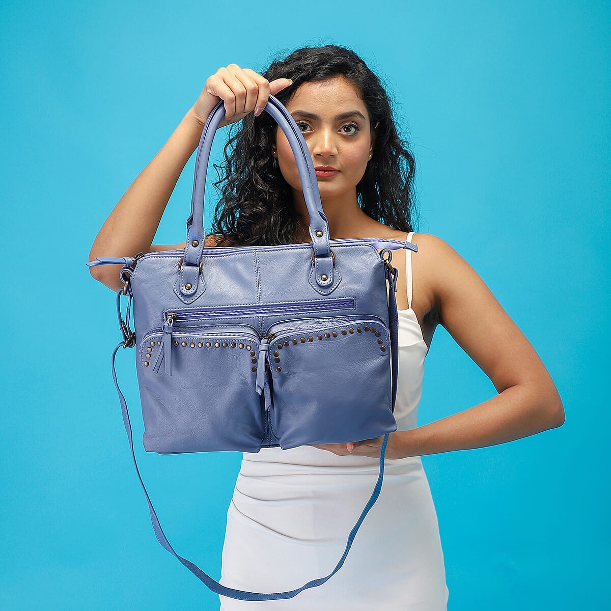 Blue Genuine Leather RFID Protected Shoulder Bag image number 1