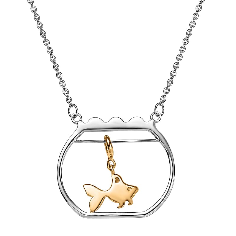Vermeil Yellow Gold and Platinum Over Sterling Silver Gold Fish Swimming Bowl Necklace 18 Inches 3.25 Grams