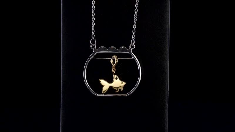Vermeil Yellow Gold and Platinum Over Sterling Silver Gold Fish Swimming Bowl Necklace 18 Inches 3.25 Grams