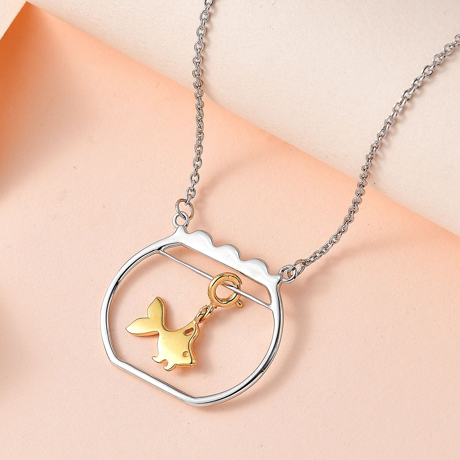 Vermeil Yellow Gold and Platinum Over Sterling Silver Gold Fish Swimming Bowl Necklace 18 Inches 3.25 Grams