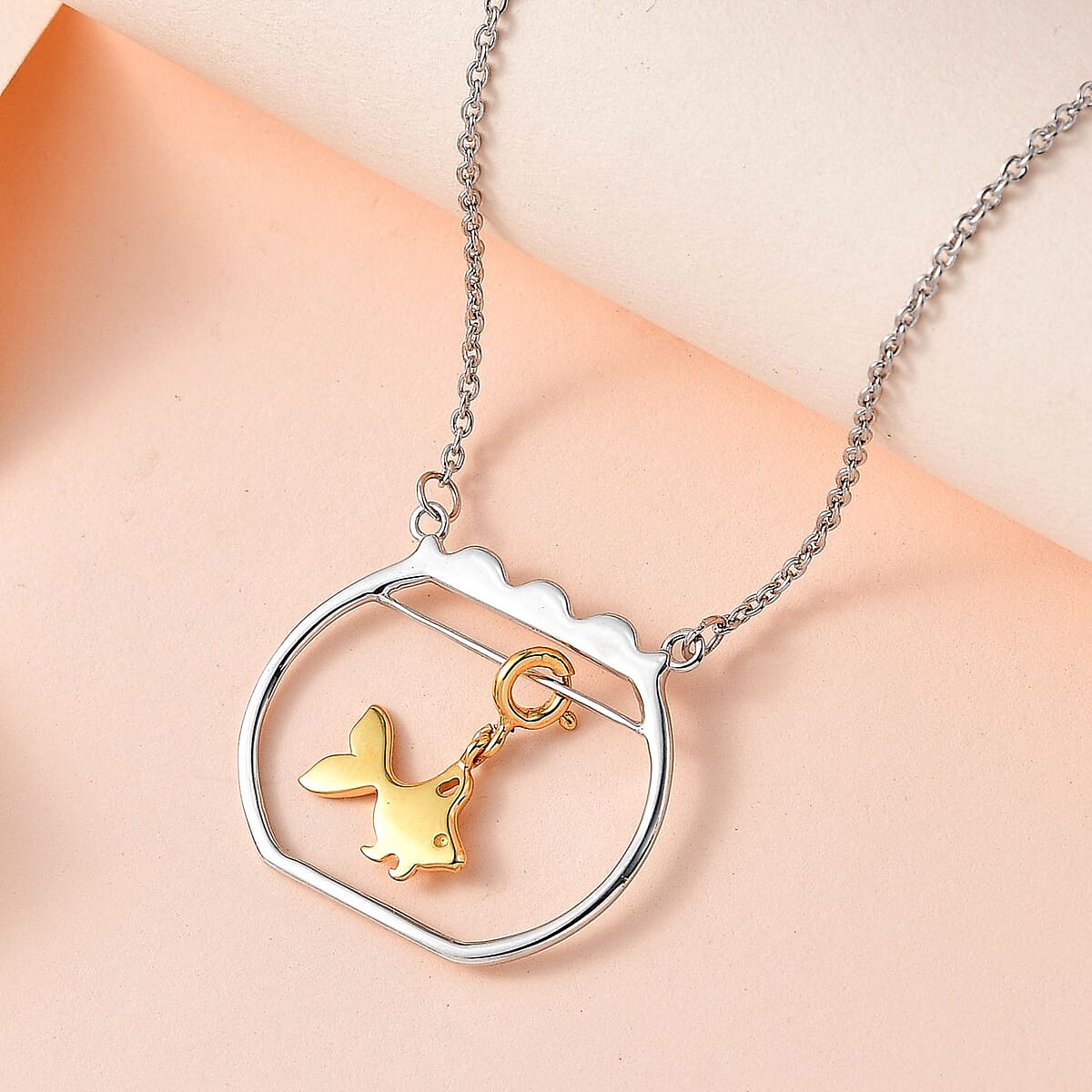 Vermeil Yellow Gold and Platinum Over Sterling Silver Gold Fish Swimming Bowl Necklace 18 Inches 3.25 Grams image number 1