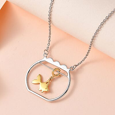 Vermeil Yellow Gold and Platinum Over Sterling Silver Gold Fish Swimming Bowl Necklace 18 Inches 3.25 Grams