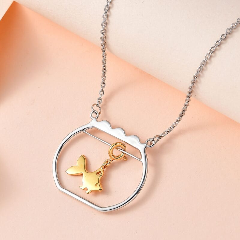 Vermeil Yellow Gold and Platinum Over Sterling Silver Gold Fish Swimming Bowl Necklace 18 Inches 3.25 Grams