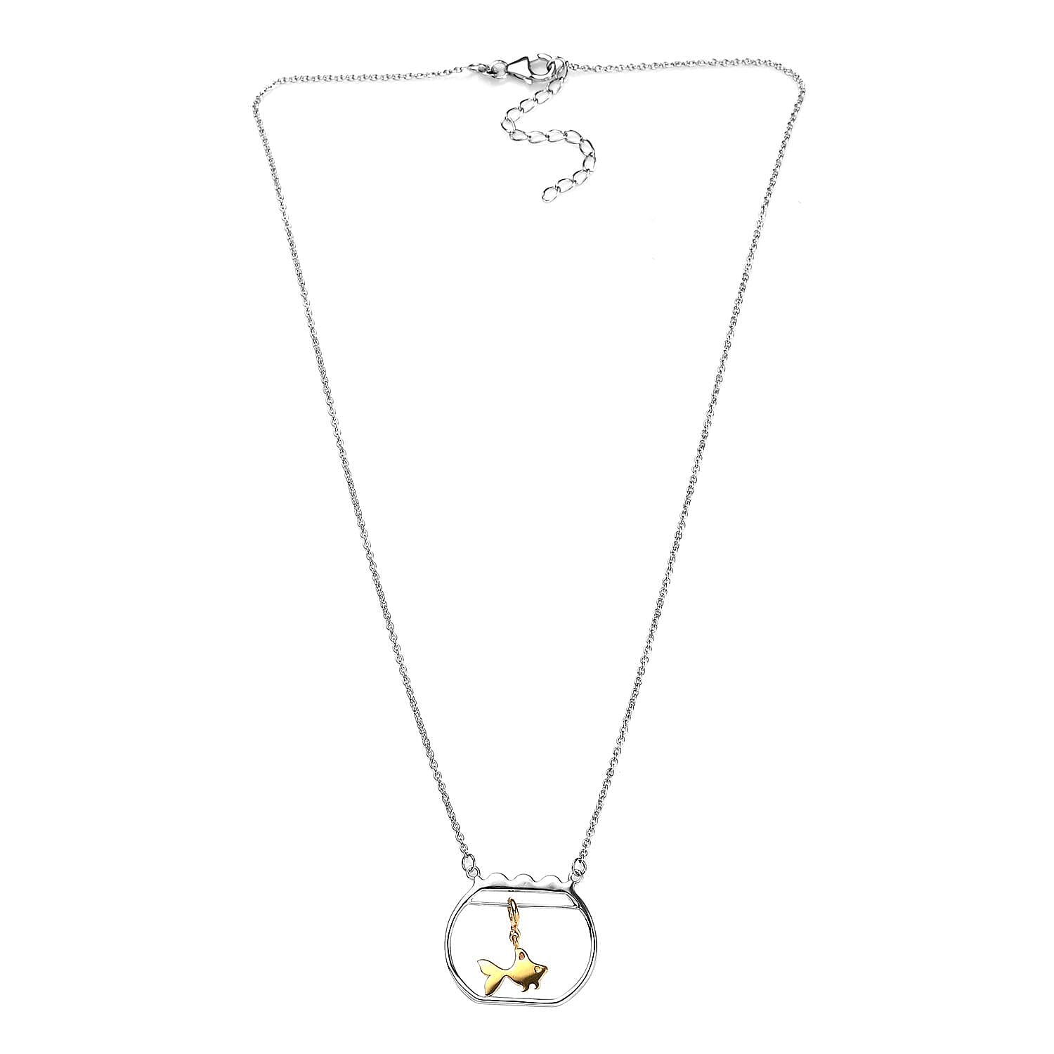 Vermeil Yellow Gold and Platinum Over Sterling Silver Gold Fish Swimming Bowl Necklace 18 Inches 3.25 Grams