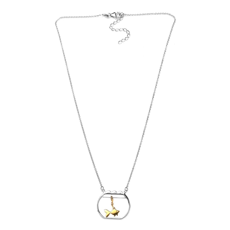 Vermeil Yellow Gold and Platinum Over Sterling Silver Gold Fish Swimming Bowl Necklace 18 Inches 3.25 Grams