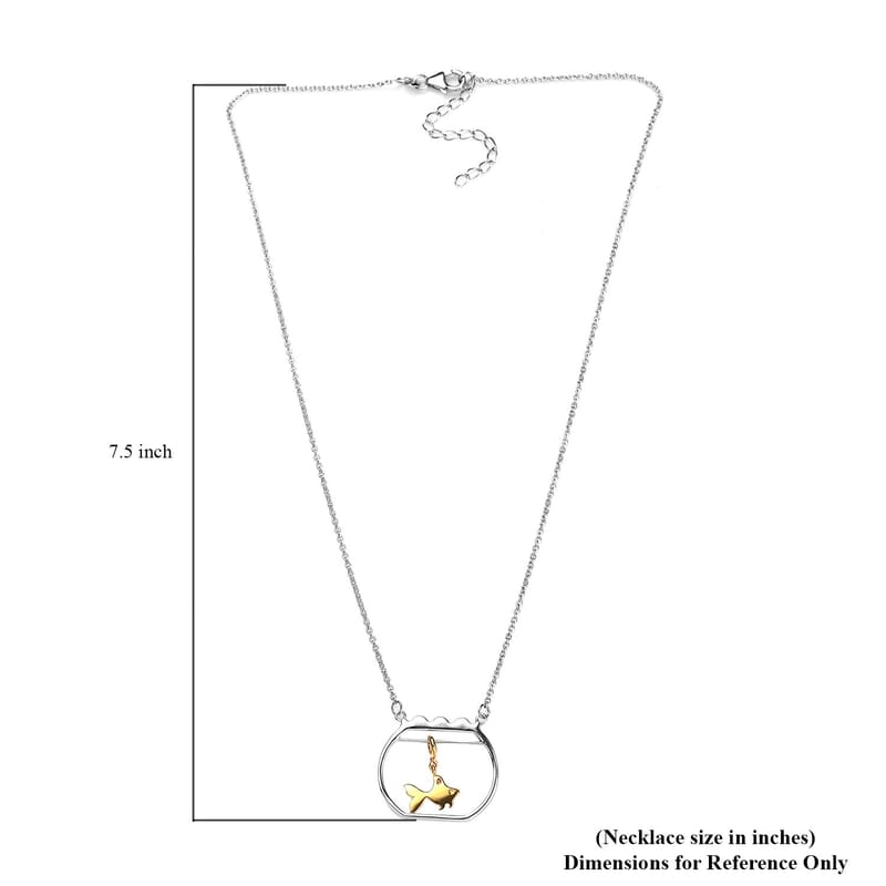 Vermeil Yellow Gold and Platinum Over Sterling Silver Gold Fish Swimming Bowl Necklace 18 Inches 3.25 Grams