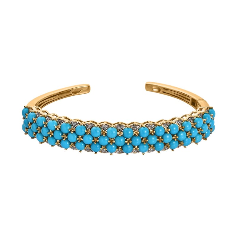 Premium Sleeping Beauty Turquoise and White Zircon Cuff Bracelet in Vermeil Yellow Gold Over Sterling Silver 14.15 ctw