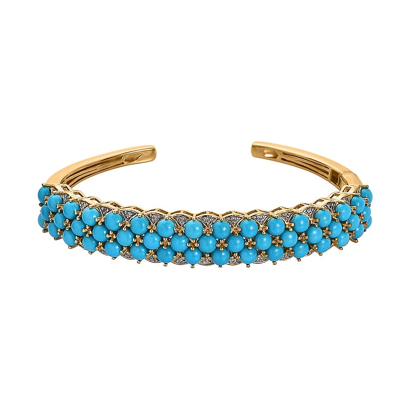 Premium Sleeping Beauty Turquoise and White Zircon Cuff Bracelet in Vermeil Yellow Gold Over Sterling Silver 14.15 ctw