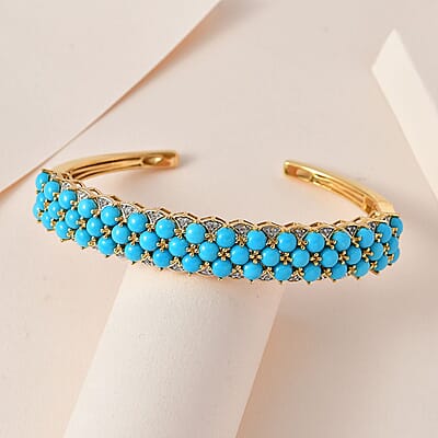 Premium Sleeping Beauty Turquoise and White Zircon Cuff Bracelet in Vermeil Yellow Gold Over Sterling Silver 14.15 ctw