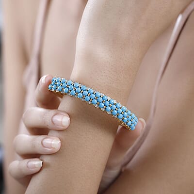 Premium Sleeping Beauty Turquoise and White Zircon Cuff Bracelet in Vermeil Yellow Gold Over Sterling Silver 14.15 ctw