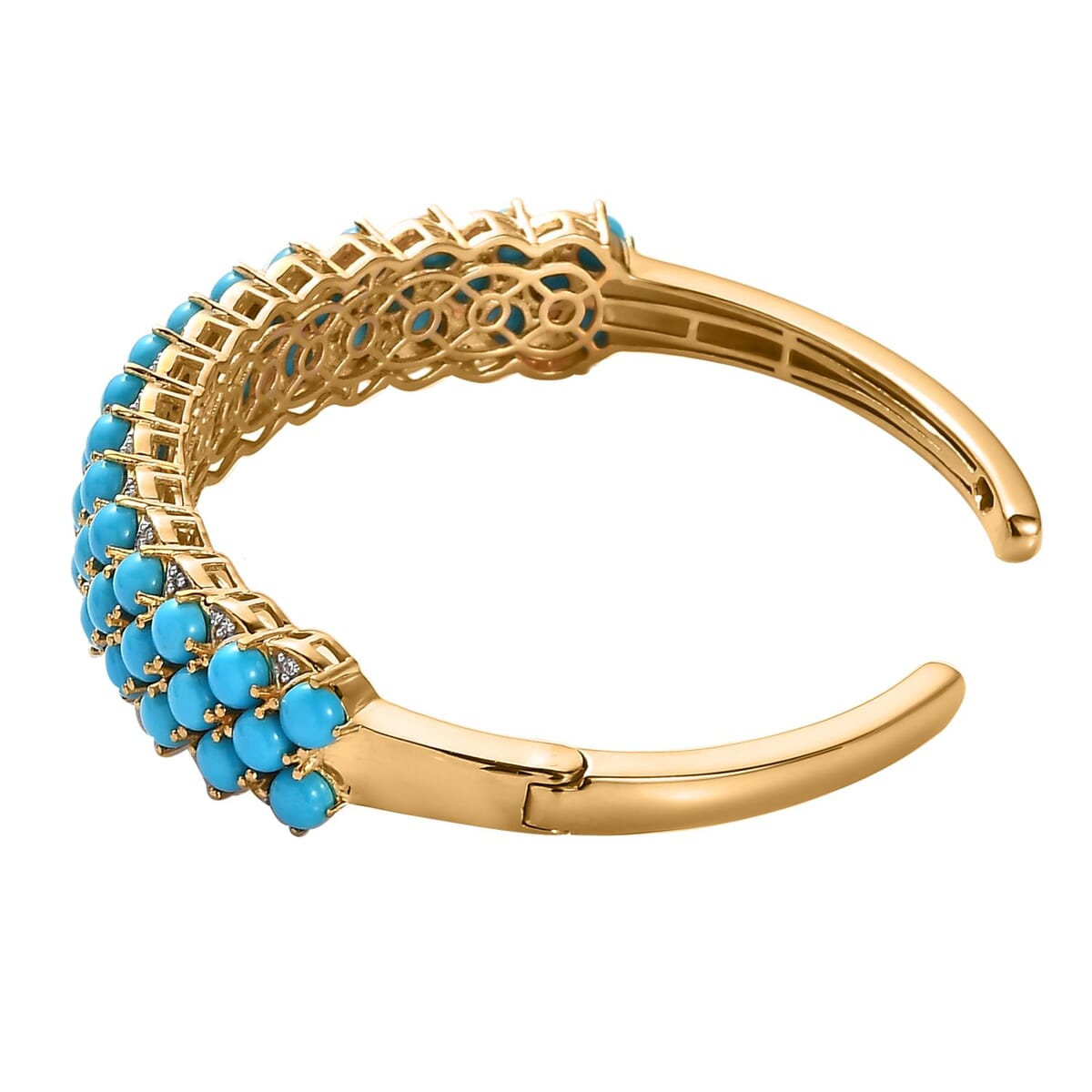 Premium Sleeping Beauty Turquoise and White Zircon Cuff Bracelet in Vermeil Yellow Gold Over Sterling Silver 14.15 ctw image number 3