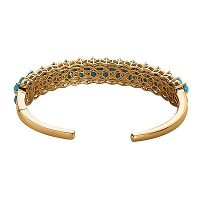 Premium Sleeping Beauty Turquoise and White Zircon Cuff Bracelet in Vermeil Yellow Gold Over Sterling Silver 14.15 ctw