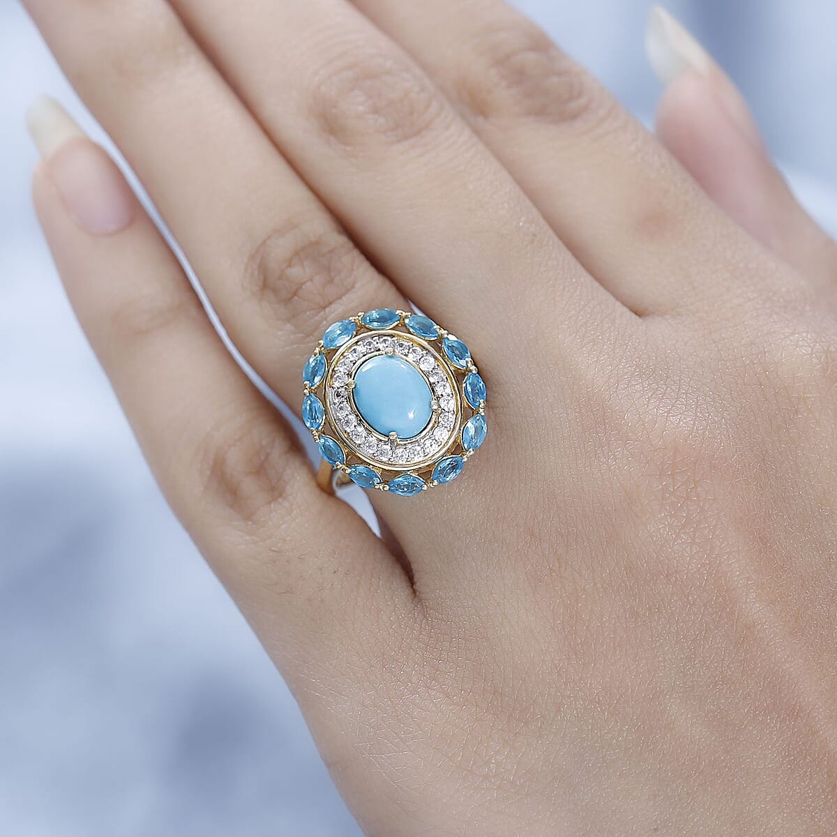 Premium Sleeping Beauty Turquoise and Multi Gemstone Cocktail Ring in Vermeil Yellow Gold Over Sterling Silver (Size 10.0) 2.65 ctw image number 2