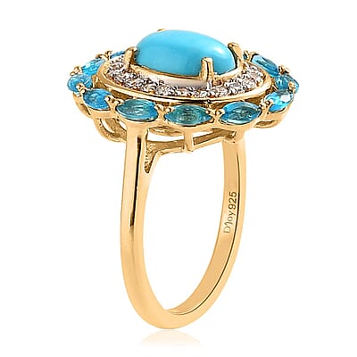 Premium Sleeping Beauty Turquoise and Multi Gemstone Cocktail Ring in Vermeil Yellow Gold Over Sterling Silver (Size 10.0) 2.65 ctw