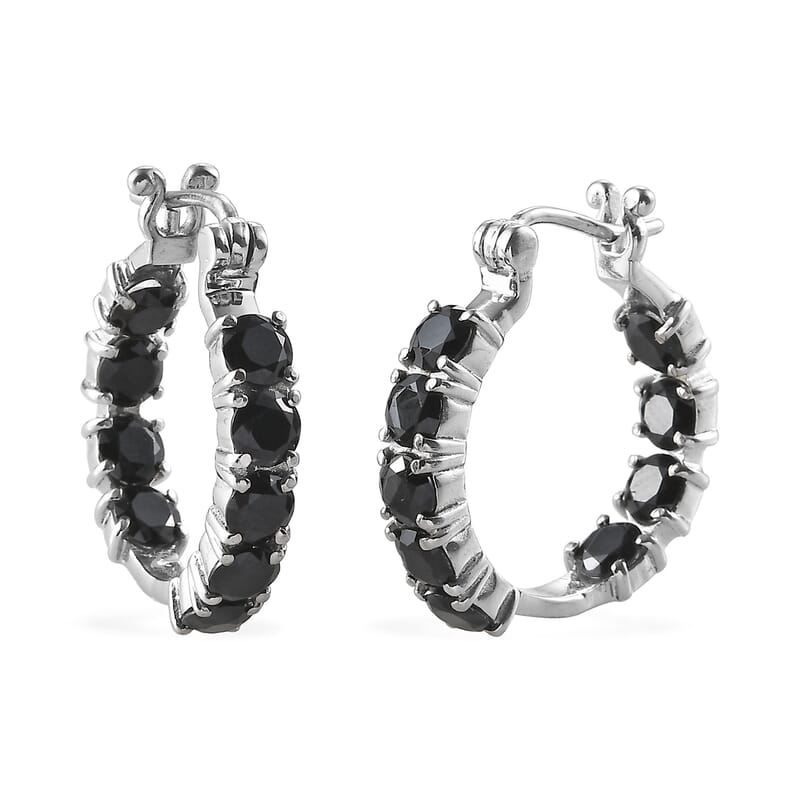 Thai Black Spinel 5.90 ctw Hoop Earrings in Stainless Steel