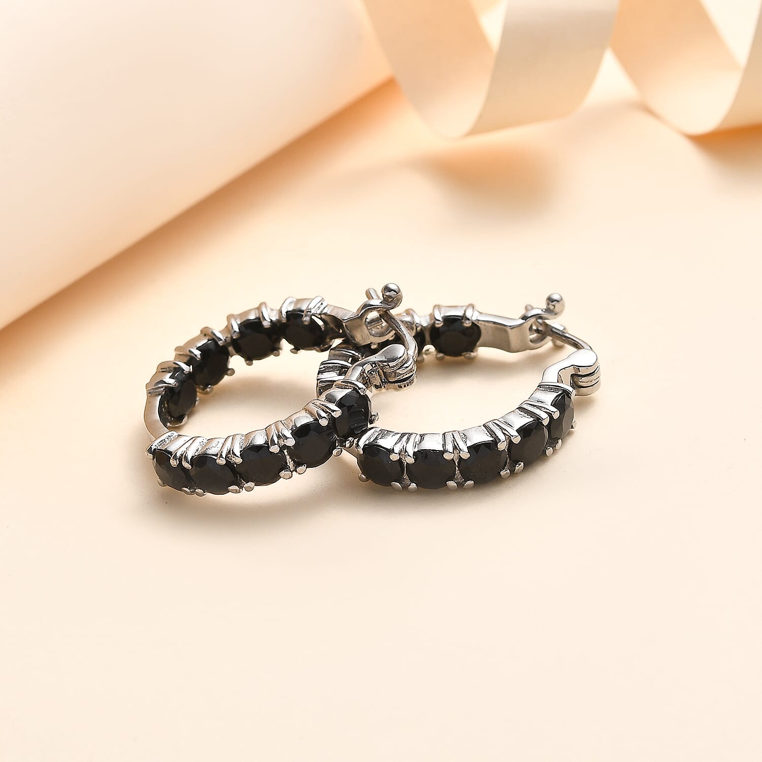 Thai Black Spinel 5.90 ctw Hoop Earrings in Stainless Steel
