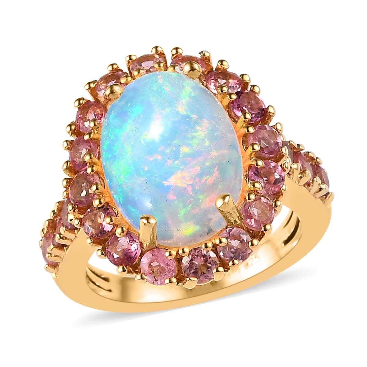 AAA Ethiopian Welo Opal and Morro Redondo Pink Tourmaline Halo Ring in Vermeil Yellow Gold Over Sterling Silver (Size 10.0) 5.20 image number 0