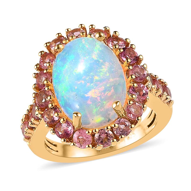 AAA Ethiopian Welo Opal and Morro Redondo Pink Tourmaline Halo Ring in Vermeil Yellow Gold Over Sterling Silver (Size 10.0) 5.20 ctw