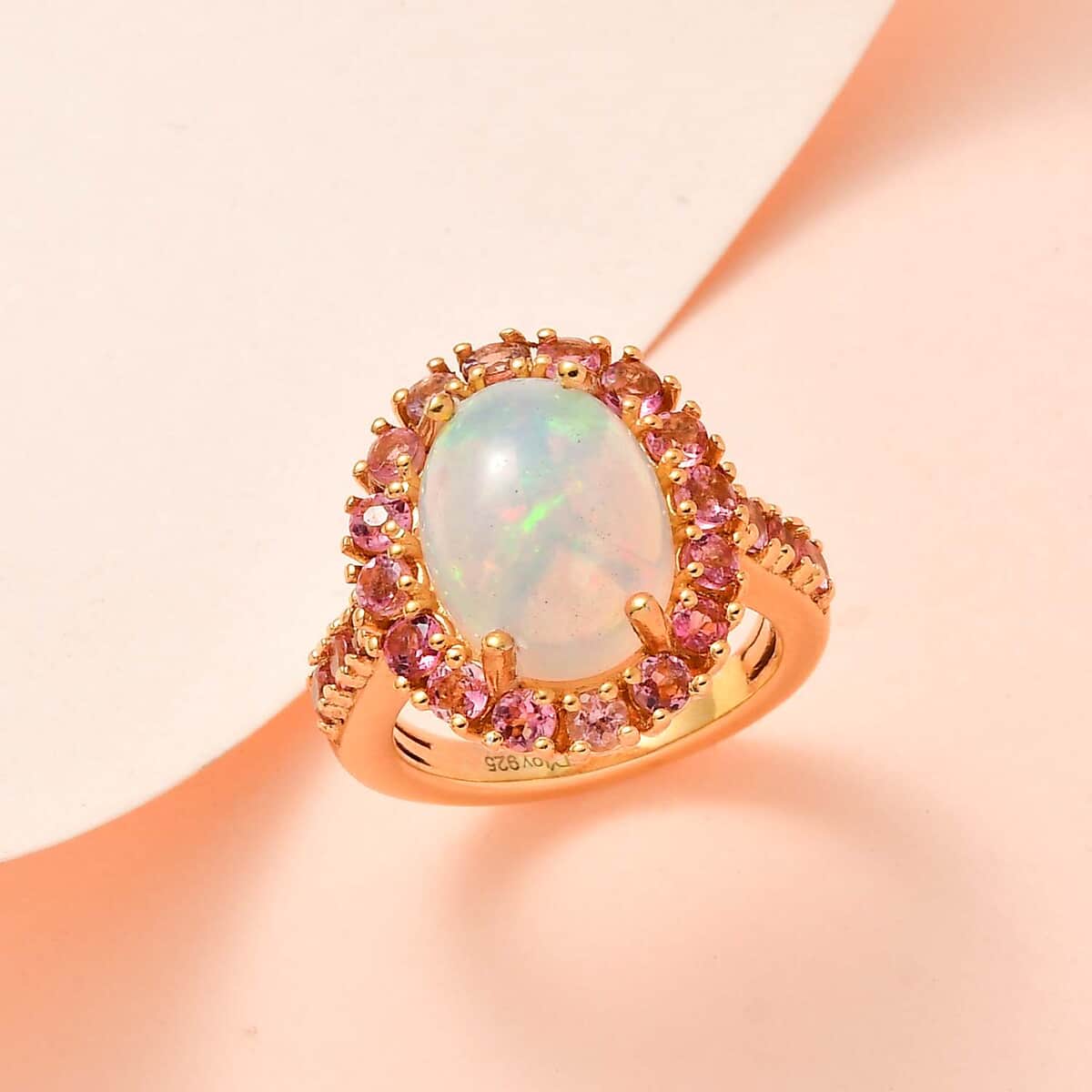 AAA Ethiopian Welo Opal and Morro Redondo Pink Tourmaline Halo Ring in Vermeil Yellow Gold Over Sterling Silver (Size 10.0) 5.20 image number 1