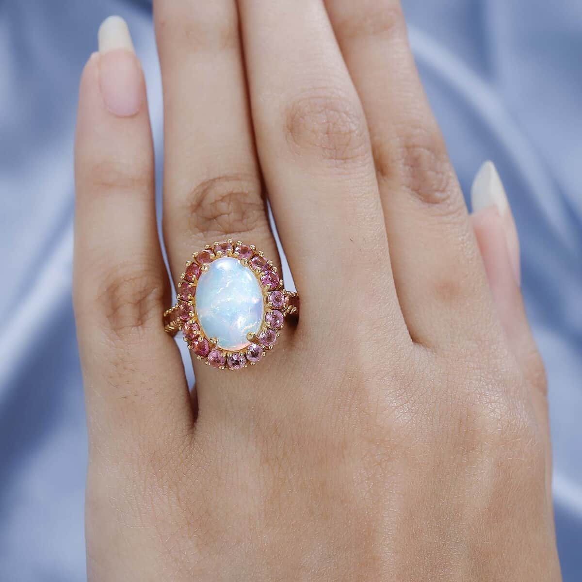 AAA Ethiopian Welo Opal and Morro Redondo Pink Tourmaline Halo Ring in Vermeil Yellow Gold Over Sterling Silver (Size 10.0) 5.20 image number 2