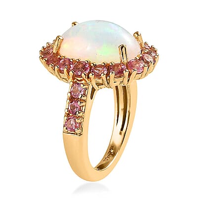 AAA Ethiopian Welo Opal and Morro Redondo Pink Tourmaline Halo Ring in Vermeil Yellow Gold Over Sterling Silver (Size 10.0) 5.20 ctw