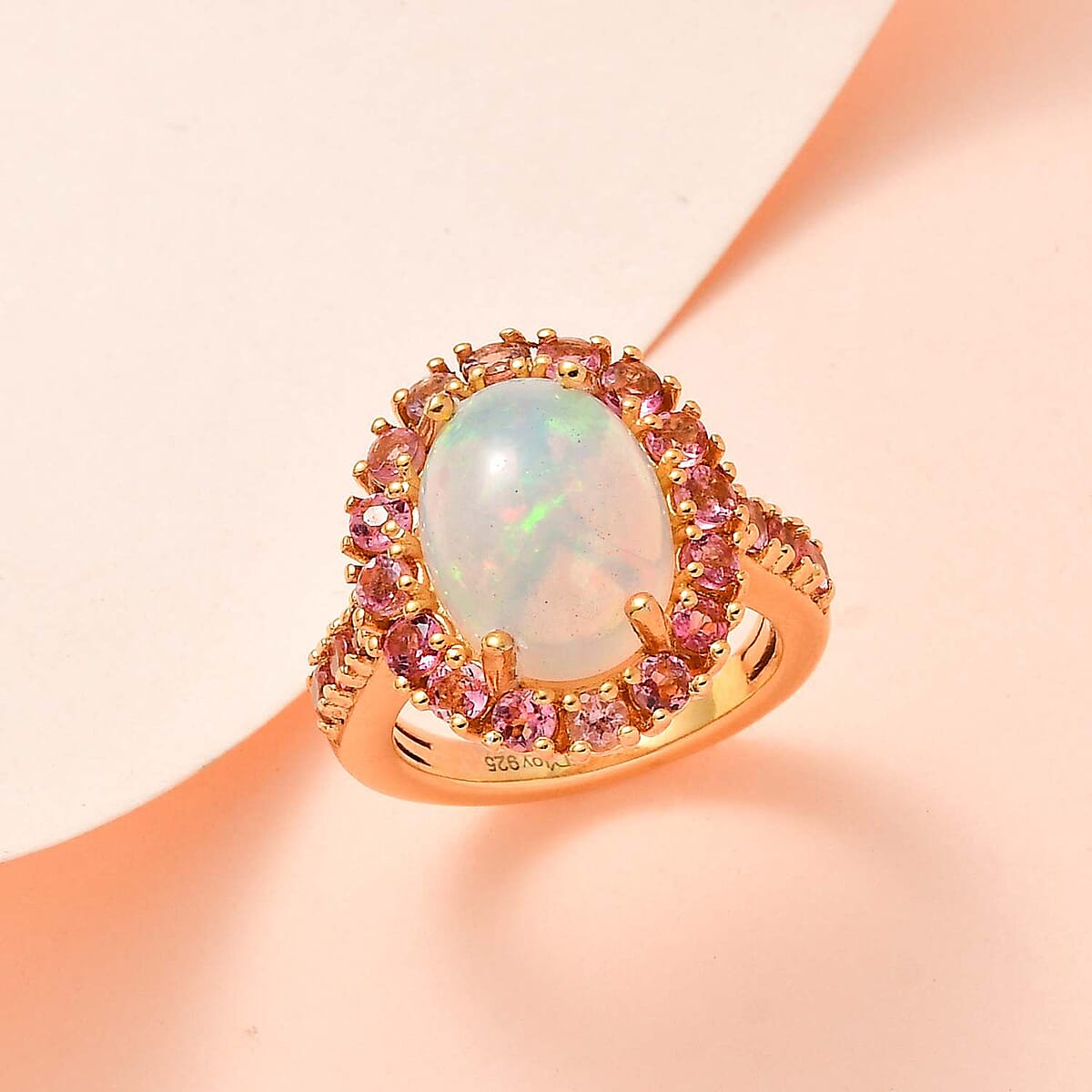 AAA Ethiopian Welo Opal and Morro Redondo Pink Tourmaline Halo Ring in Vermeil Yellow Gold Over Sterling Silver (Size 7.0) 5.20 ctw image number 1