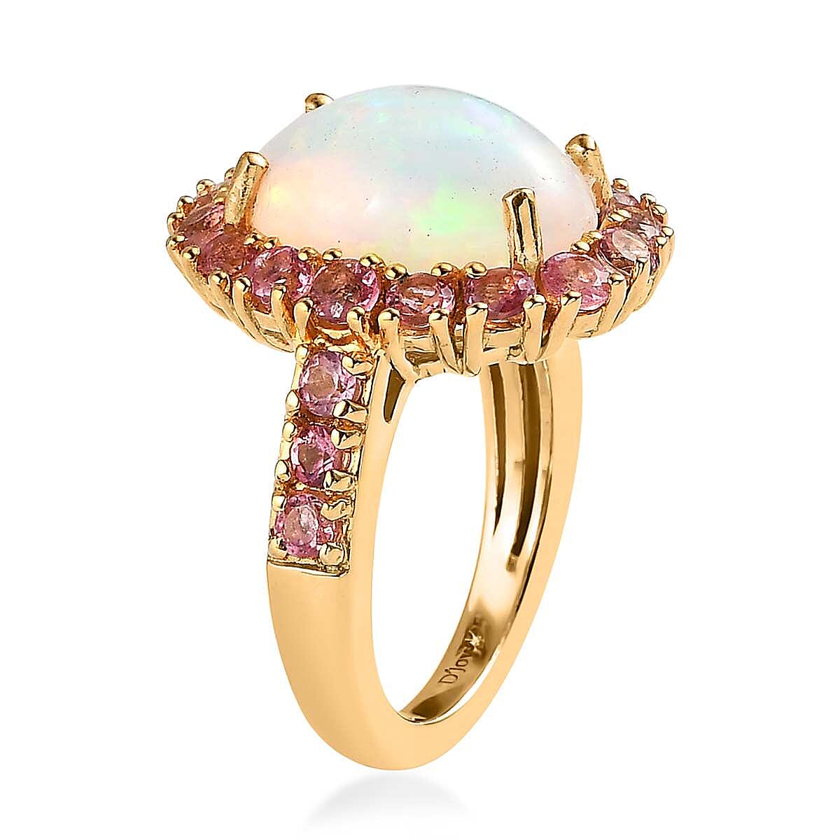 AAA Ethiopian Welo Opal and Morro Redondo Pink Tourmaline Halo Ring in Vermeil Yellow Gold Over Sterling Silver (Size 7.0) 5.20 ctw image number 3