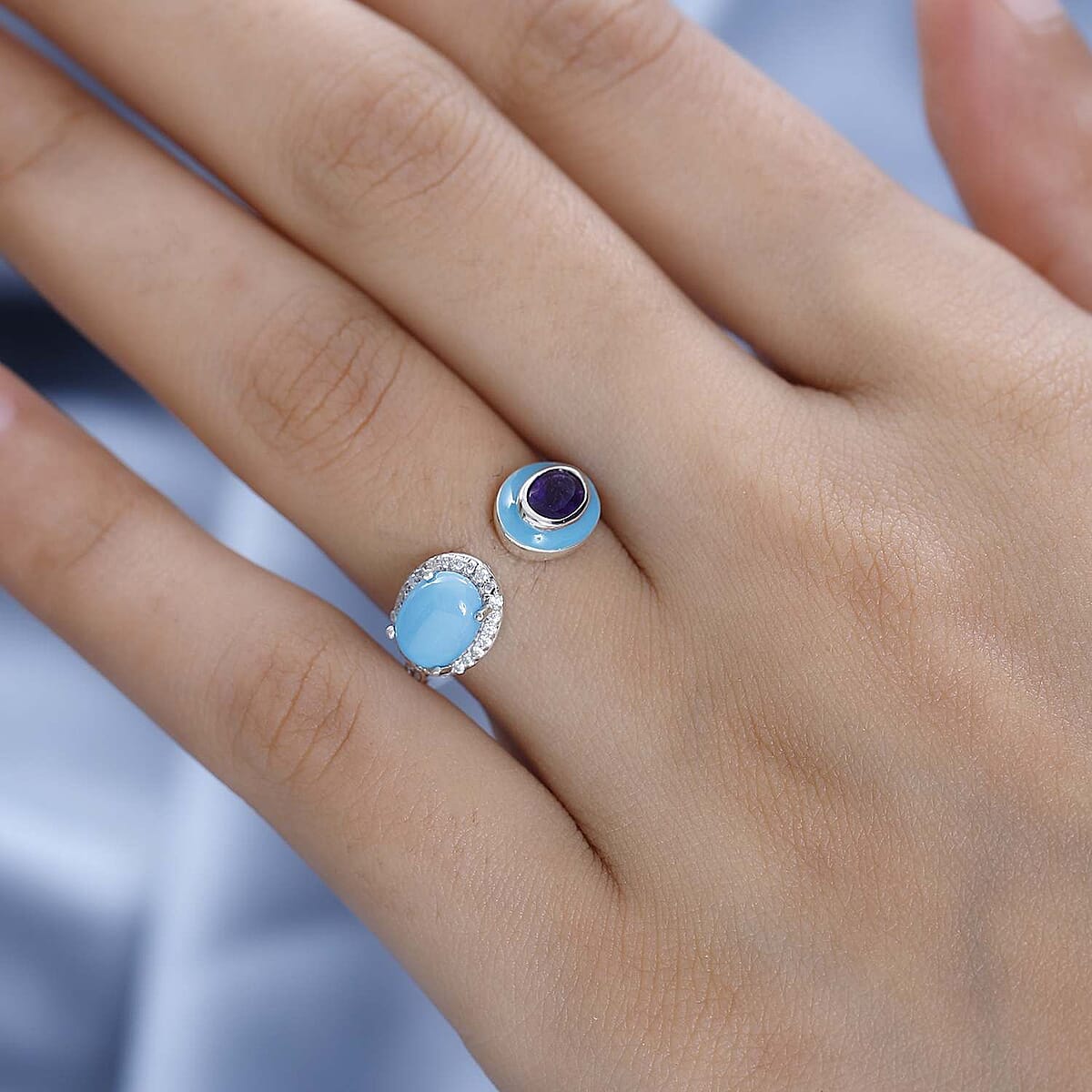 Sleeping Beauty Turquoise and Multi Gemstone Blue Enameled Open Band Ring in Platinum Over Sterling Silver (Size 6.0) 1.65 ctw image number 2