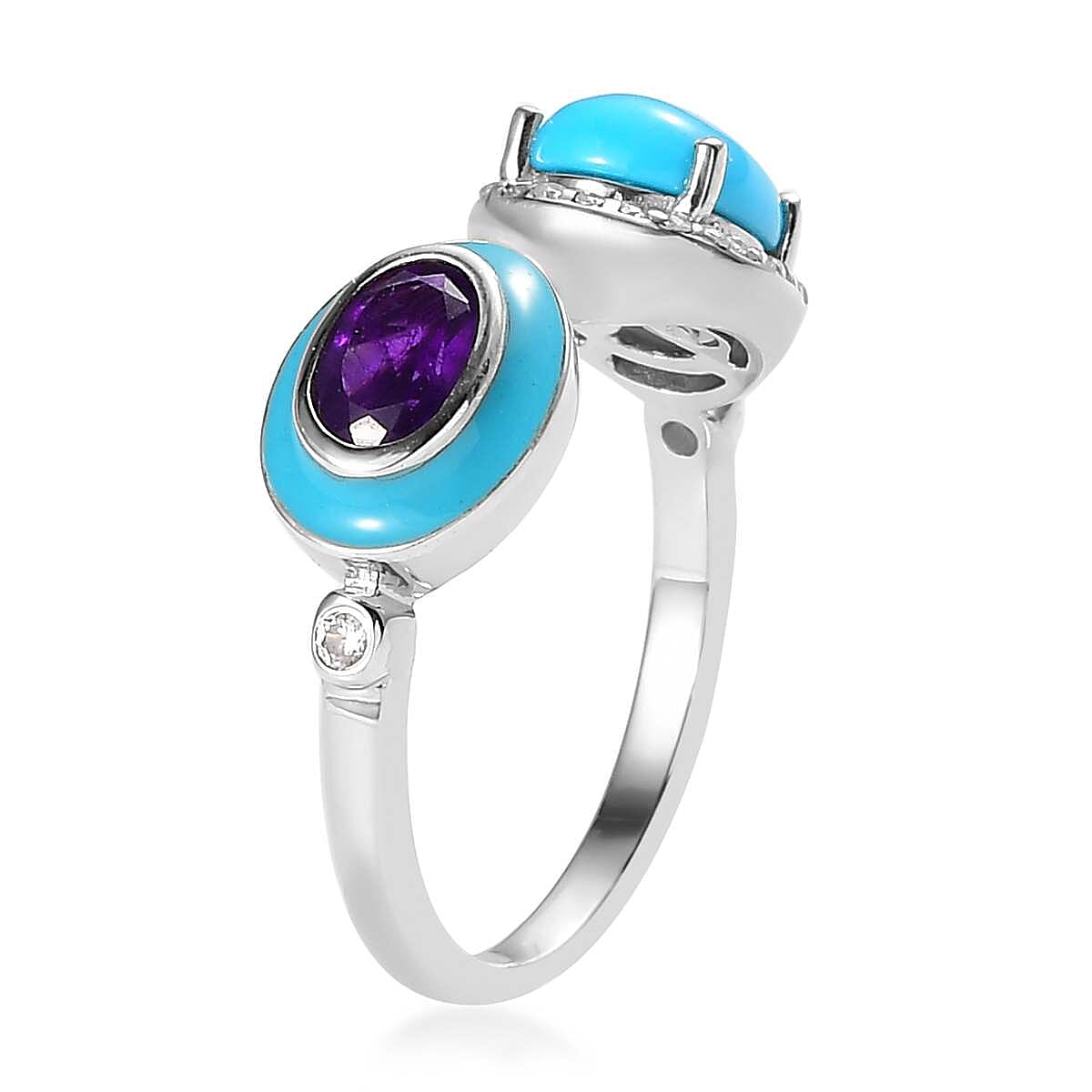 Sleeping Beauty Turquoise and Multi Gemstone Blue Enameled Open Band Ring in Platinum Over Sterling Silver (Size 6.0) 1.65 ctw image number 3