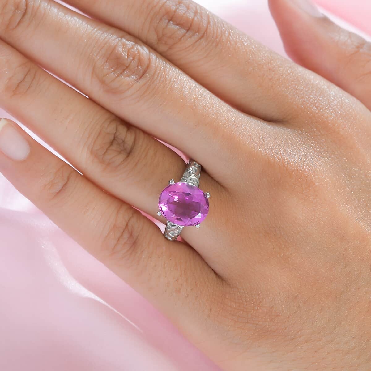 Radiant Orchid Quartz (Triplet) Solitaire Ring in Stainless Steel 4.50 ctw image number 2