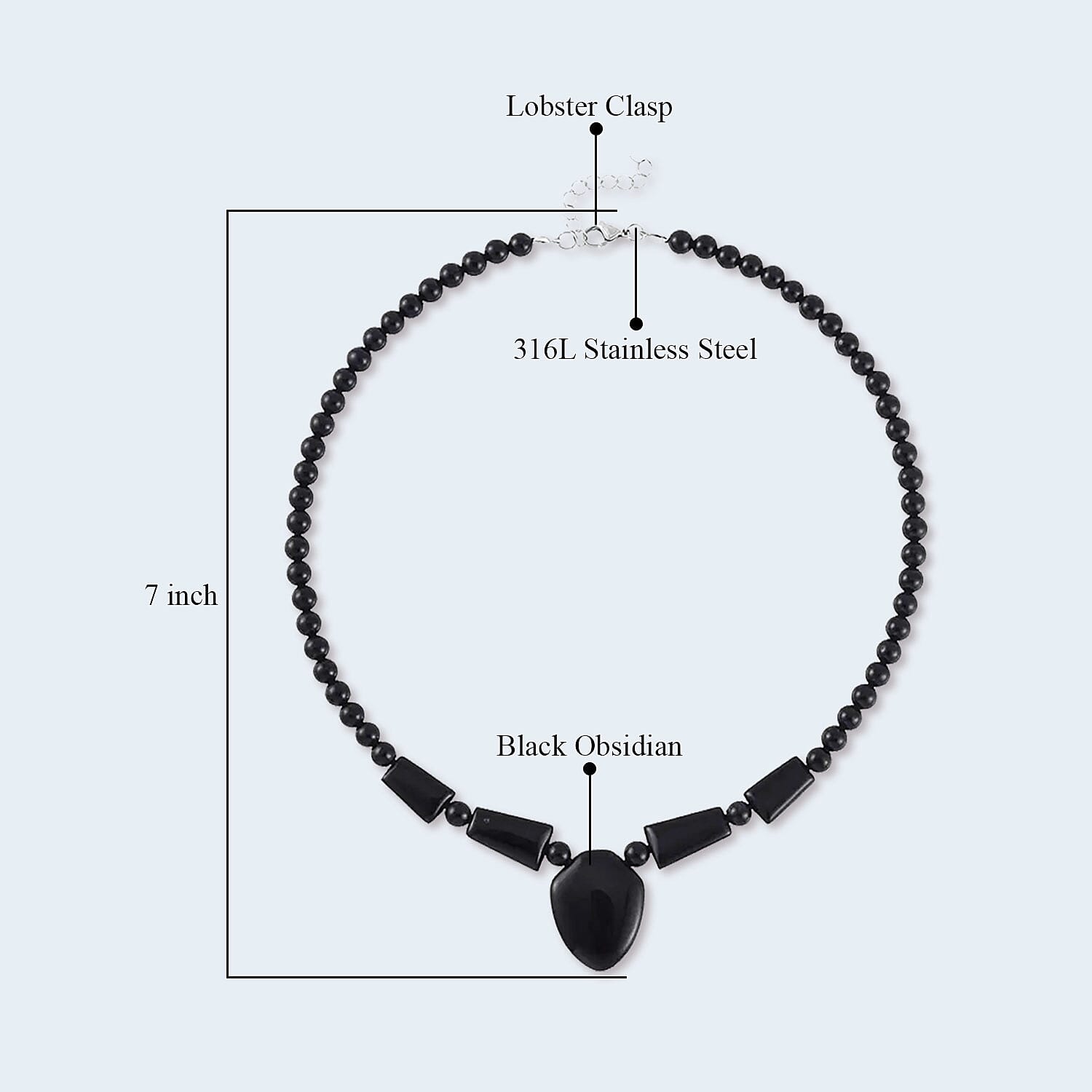 Black Obsidian 176.45 ctw Beaded Necklace in Stainless Steel 18-20 Inches