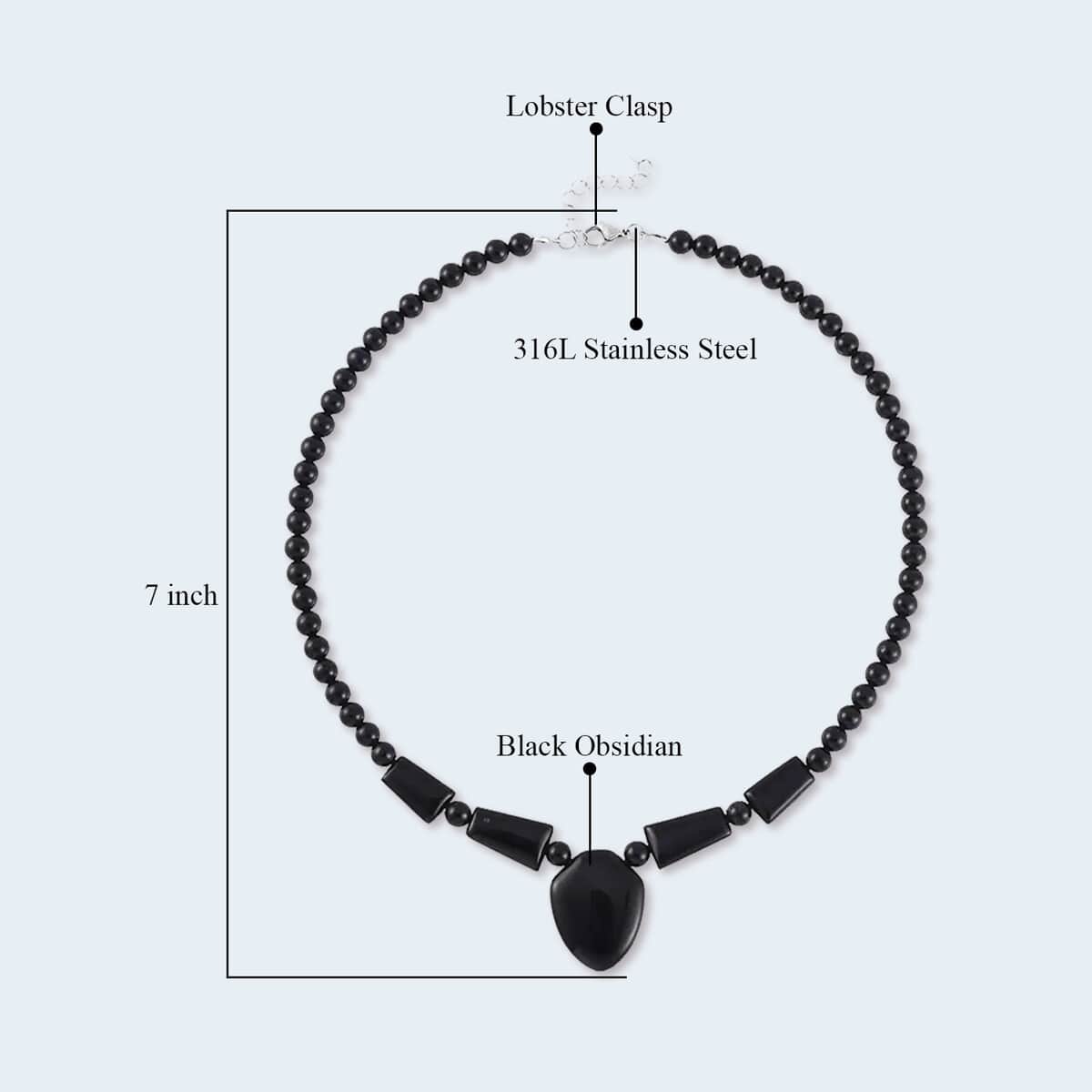 Black Obsidian 176.45 ctw Beaded Necklace in Stainless Steel 18-20 Inches image number 4