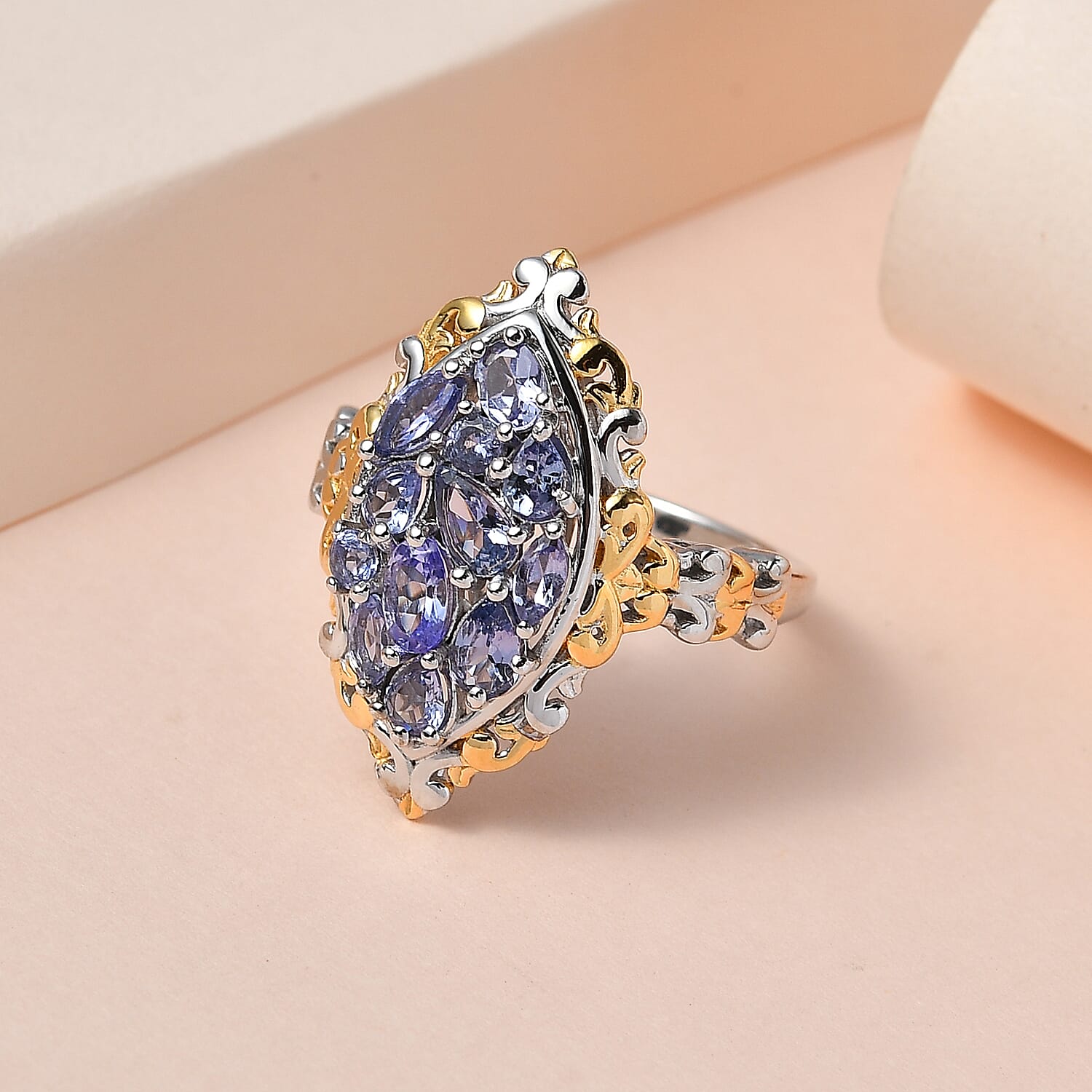 Tanzanite Ring in Vermeil Yellow Gold and Platinum Over Sterling Silver (Size 5.0) 1.60 ctw