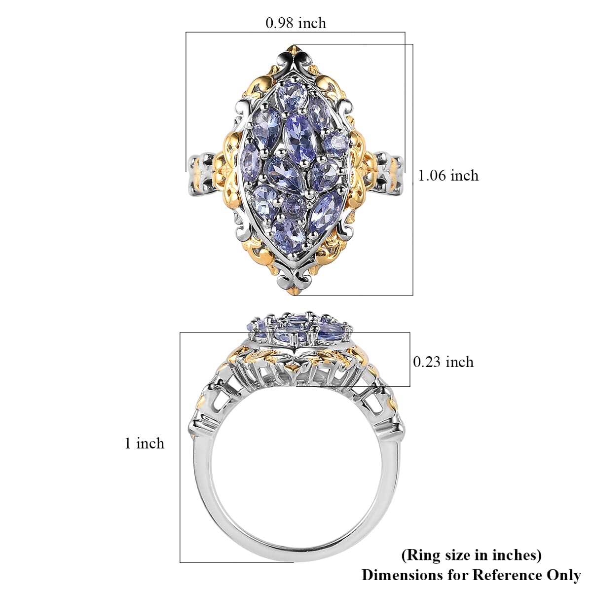 Tanzanite Ring in Vermeil Yellow Gold and Platinum Over Sterling Silver (Size 5.0) 1.60 ctw image number 5