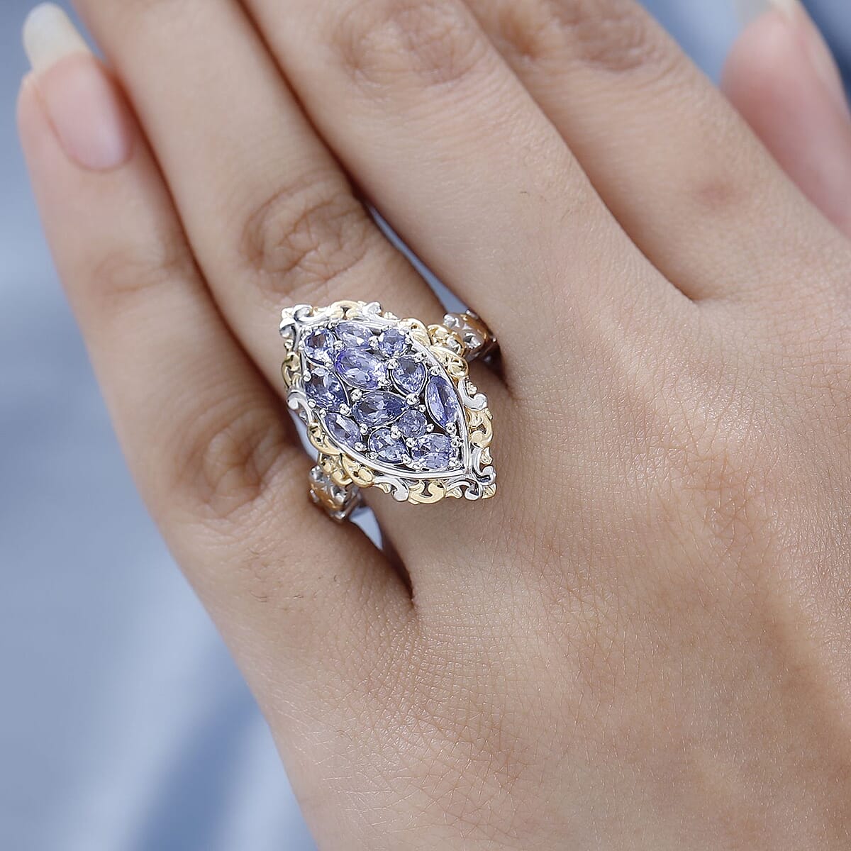 Tanzanite Ring in Vermeil Yellow Gold and Platinum Over Sterling Silver (Size 7.0) 1.60 ctw image number 2