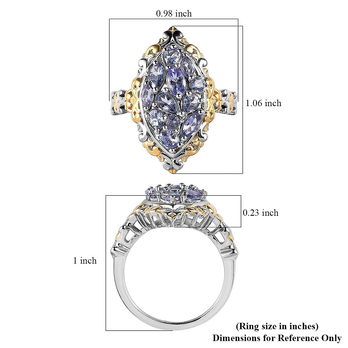 Tanzanite Ring in Vermeil Yellow Gold and Platinum Over Sterling Silver (Size 7.0) 1.60 ctw image number 5