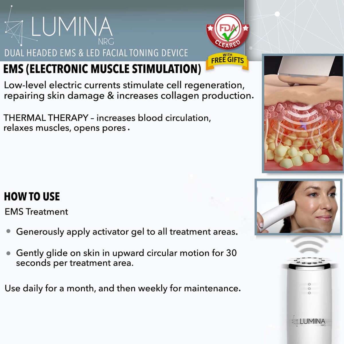 Lumina NRG FDA Cleared Dual Headed EMS & LED Facial Toning Device with Free Gifts image number 3