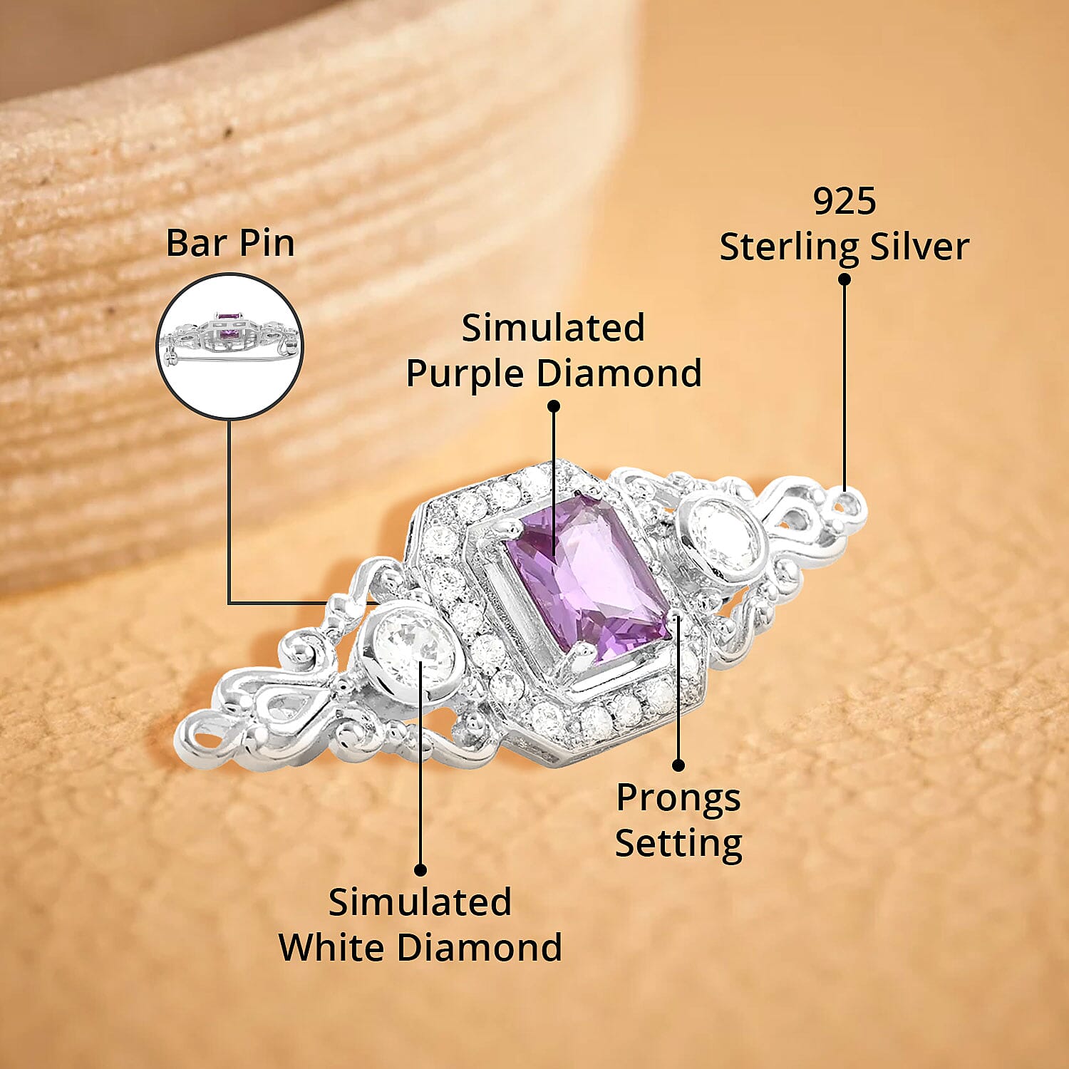 Simulated Purple and White Diamond 6.50 ctw Brooch in Sterling Silver