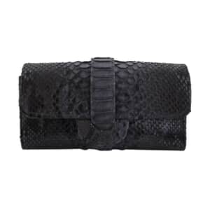 The Grand Pelle Handcrafted Black Color Genuine Python Leather Crossbody Wallet (7.50x1.60x4.30)